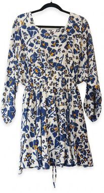 Caballero Womens medium square neck modal silk shift dress blue yellow boho